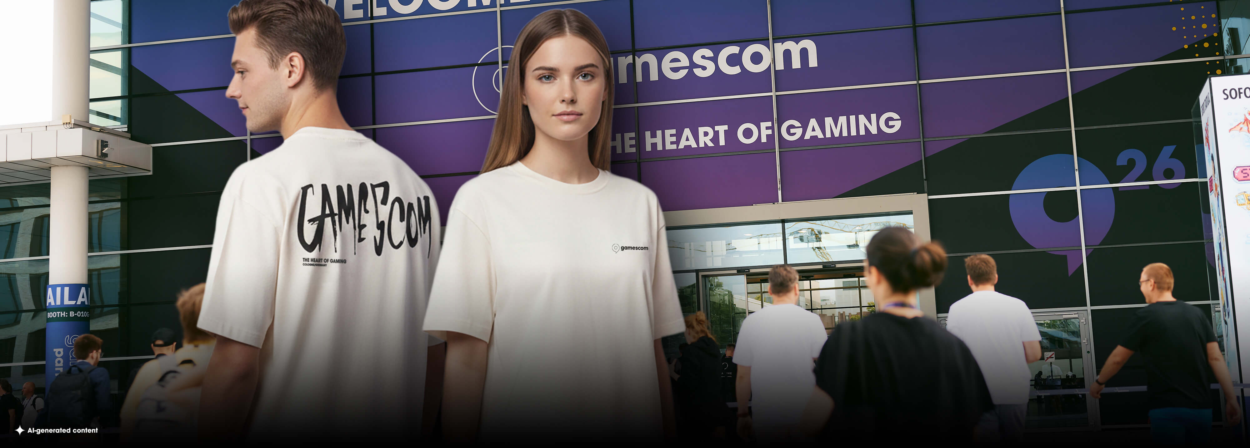 ein Mann und eine Frau stehen mit dem neuen CORE COLLECTION T-Shirt vor dem gamescom Messeeingang